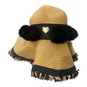 Betsey Johnson Pom Pom Floppy Straw Beach Hat Goldtone Heart Fringe One Size.